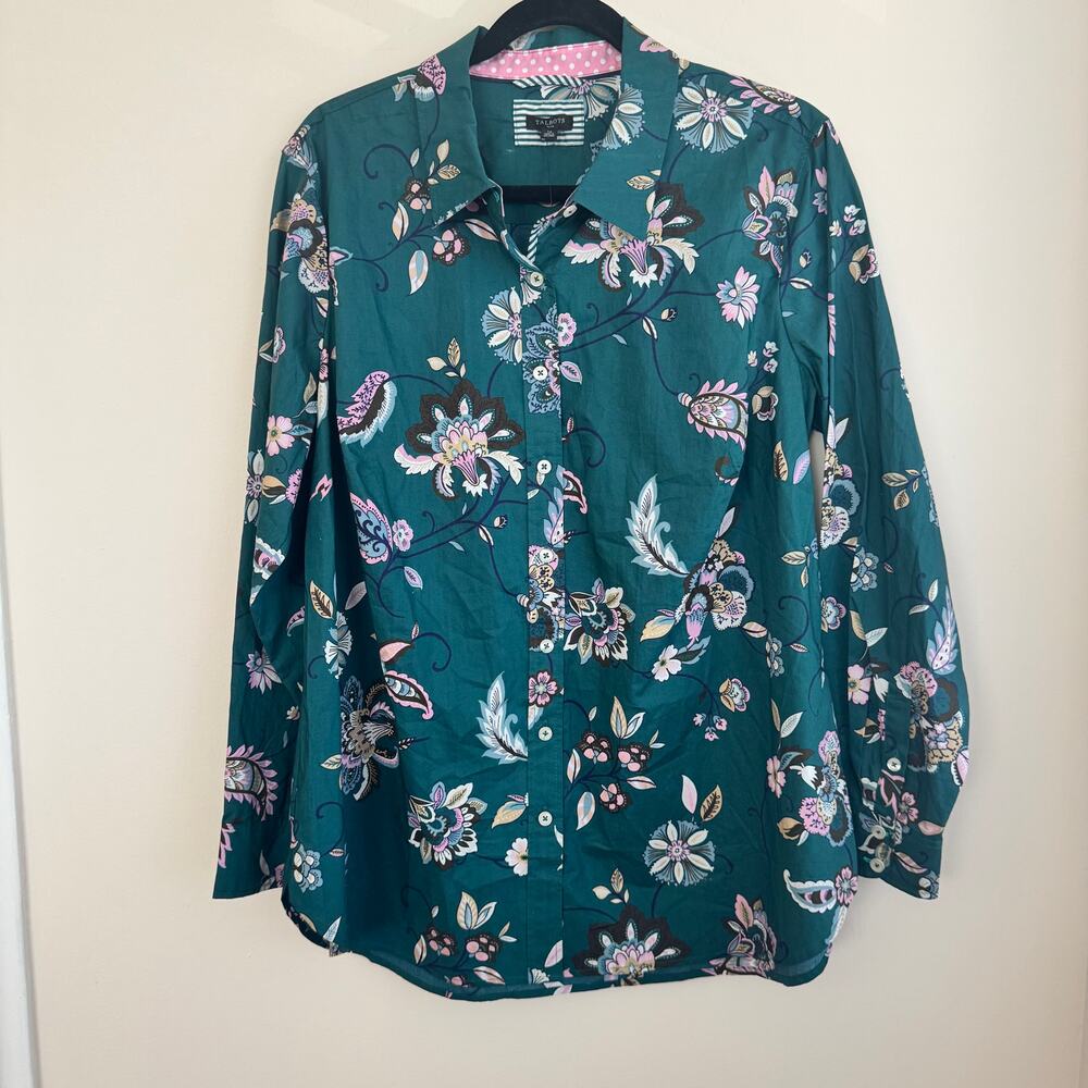 New Talbots Ornate Jacobean Shirt Top Sz 1X Green Floral Long Sleeve